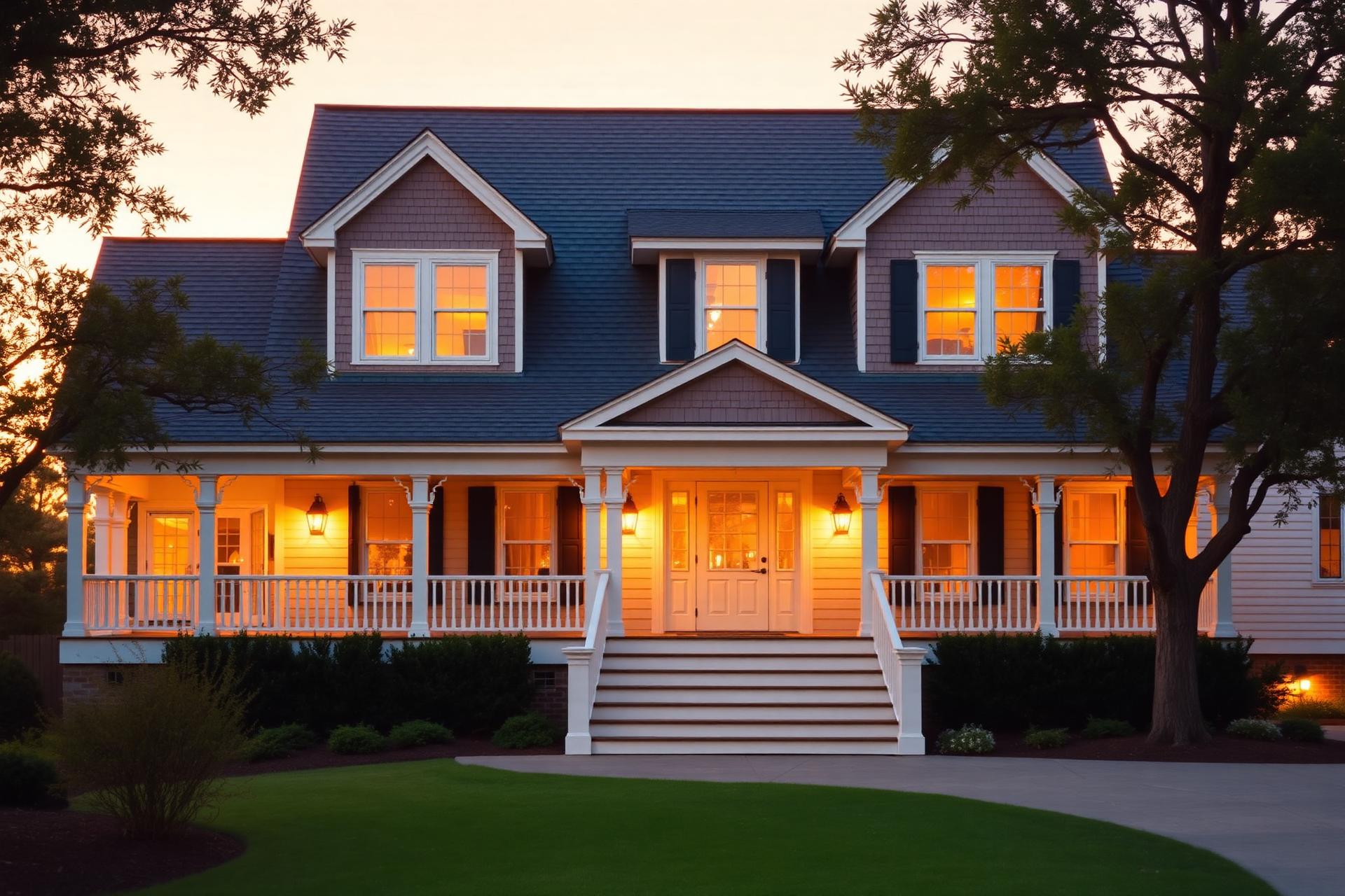 Craftsman home at golden hour with wraparound porch